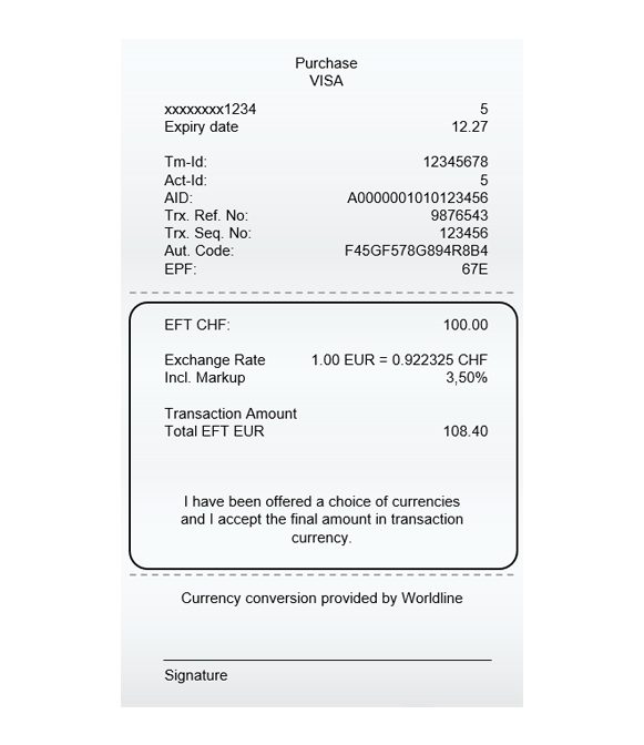 Payment receipt with DCC details showing the CHF amount, exchange rate, surcharge and converted USD total