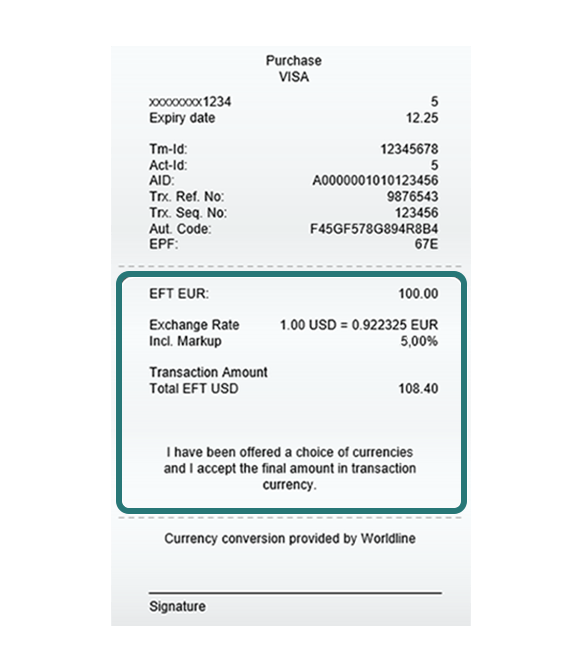 Payment receipt with DCC details showing the CHF amount, exchange rate, surcharge and converted USD total