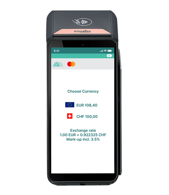 A mobile payment terminal displays a dynamic currency conversion selection with USD and EUR, as well as the corresponding exchange rate details on the display