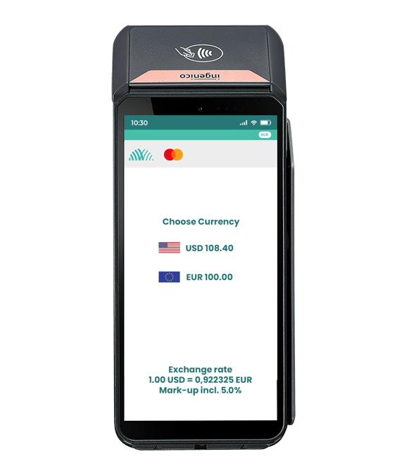 A mobile payment terminal displays a dynamic currency conversion selection with USD and EUR, as well as the corresponding exchange rate details on the display