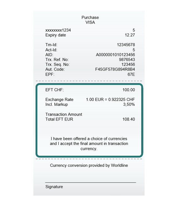 Justificatif de paiement avec informations DCC concernant le montant en euros, le taux de change, la majoration et le total converti en dollars américains