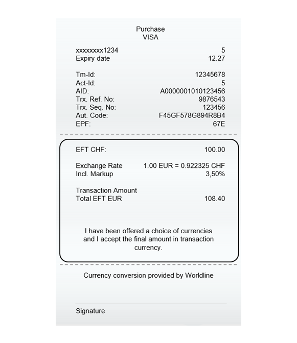 Zahlungsbeleg mit DCC-Angaben zu EUR-Betrag, Wechselkurs, Aufschlag und umgerechnetem USD-Total