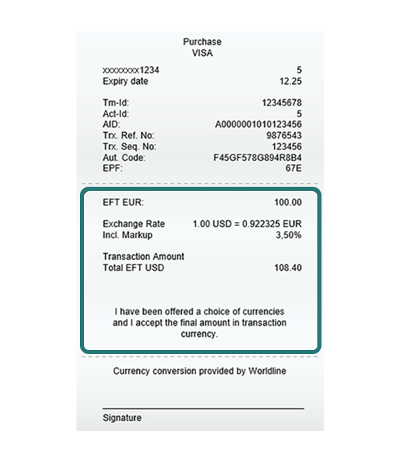 Payment receipt with DCC details showing the CHF amount, exchange rate, surcharge and converted USD total
