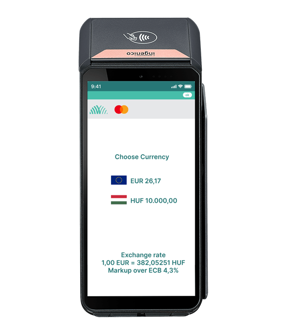 A mobile payment terminal displays a dynamic currency conversion selection with USD and EUR, as well as the corresponding exchange rate details on the display